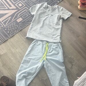 Figs Light Blue Scrub Set with Neon Yellow Drawstring